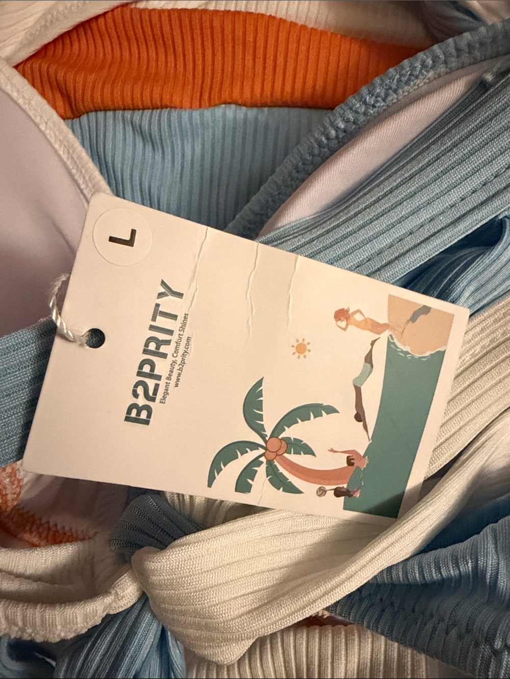 Tri-Color Ribbed Wrap Bikini Set - Blue/White/Orange - Picture 2 of 2